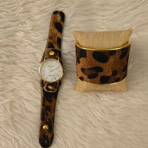 Leopard Print Women's Watch Set with Gold Accents